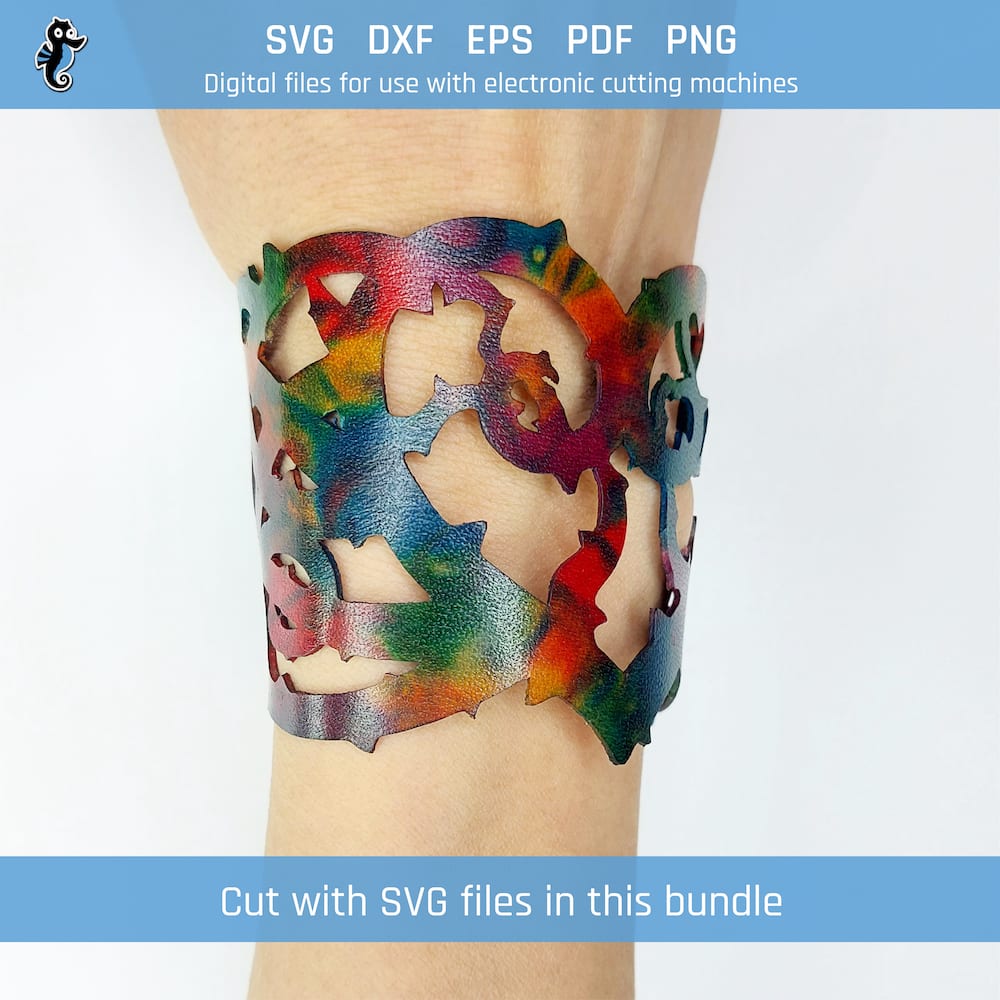 Thorns bracelet bundle demo 3 Example of thorny heart leather bracelet cut from SVG design file in this bundle.